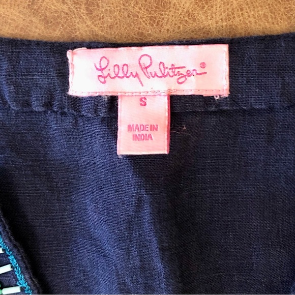 LILLY PULITZER Navy Resort Wear Linen Tunic Top Shirt Blue Beaded Turquoise Sm - Picture 7 of 7